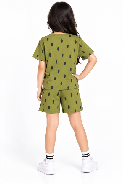 CHILINS Girls Olive Green Printed T-Shirt & Shorts Co-Ord Set