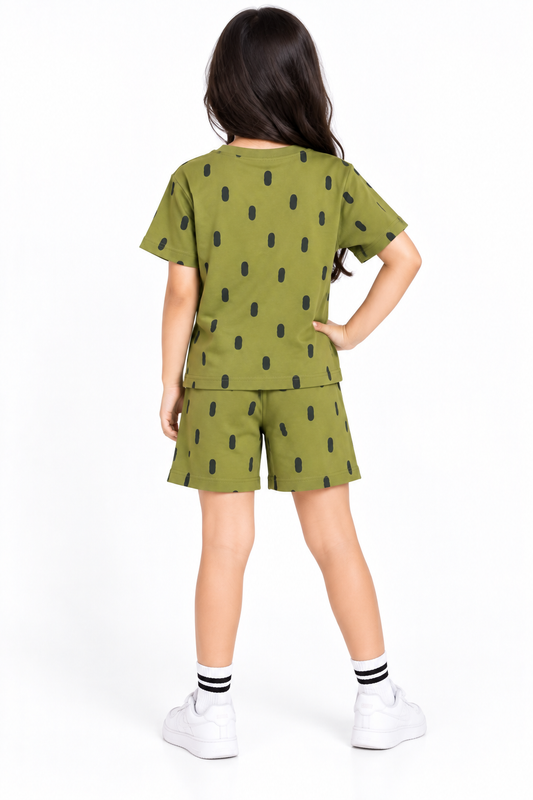 CHILINS Girls Olive Green Printed T-Shirt & Shorts Co-Ord Set