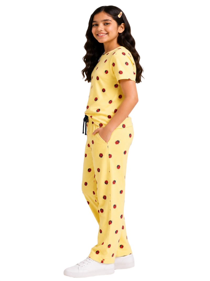 CHILINS Girls Yellow Printed T-Shirt & Pants Co-Ord Set – Casual Loungewear