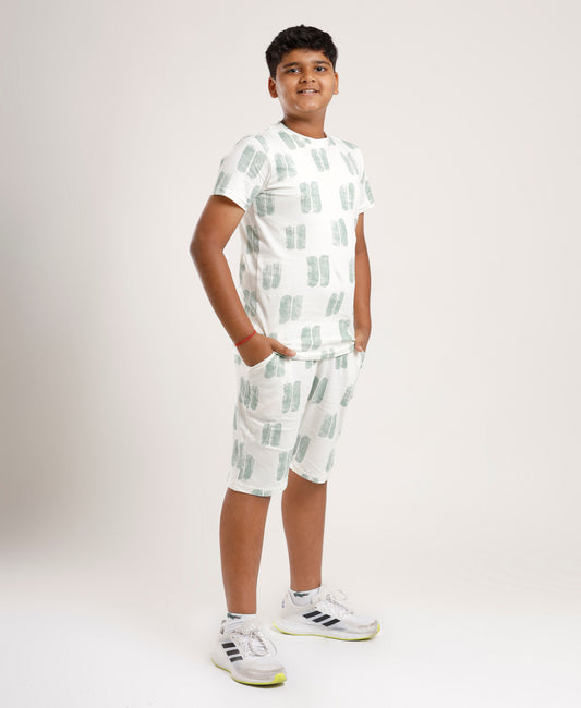 Printed Boys Half Sleeves Shorts Set - Coord set -White Night suit