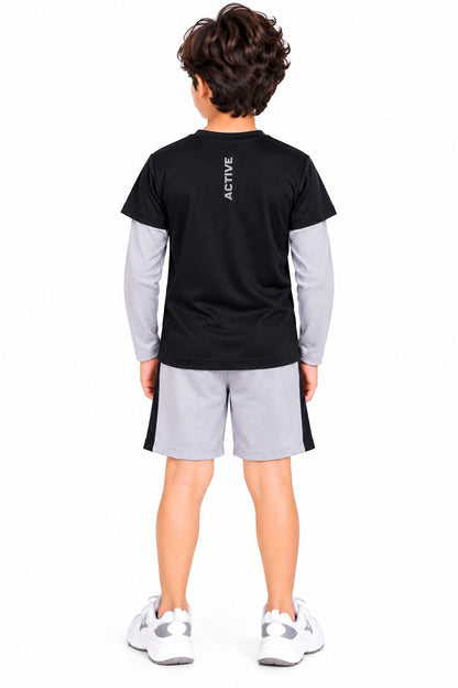 CHILINS Kids Black & Grey Sports T-Shirt | Boys & Girls | Layered Sleeve Design | Active Wear