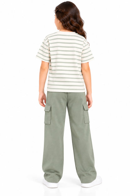CHILINS Girls Green Cotton Cargo Track Pants | Wide-Leg Trousers with Drawstring Waist