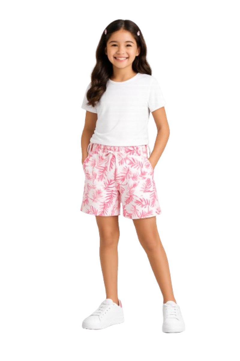 CHILINS Girls Pink Printed Shorts | Floral Print Elastic Waist Casual Shorts