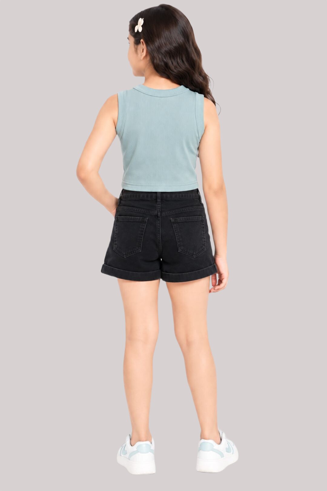 CHILINS Girls Light Blue Ribbed Cotton Sleeveless Crop Top