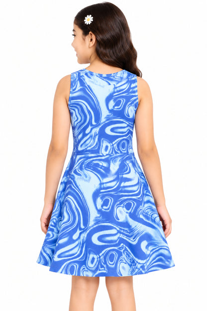 CHILINS Girls Blue Abstract Print Frock Dress | Sleeveless A-Line Dress | Casual Wear