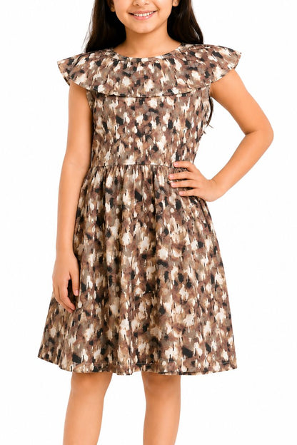 CHILINS Girls Cotton Gray Printed Flutter Sleeve Dress