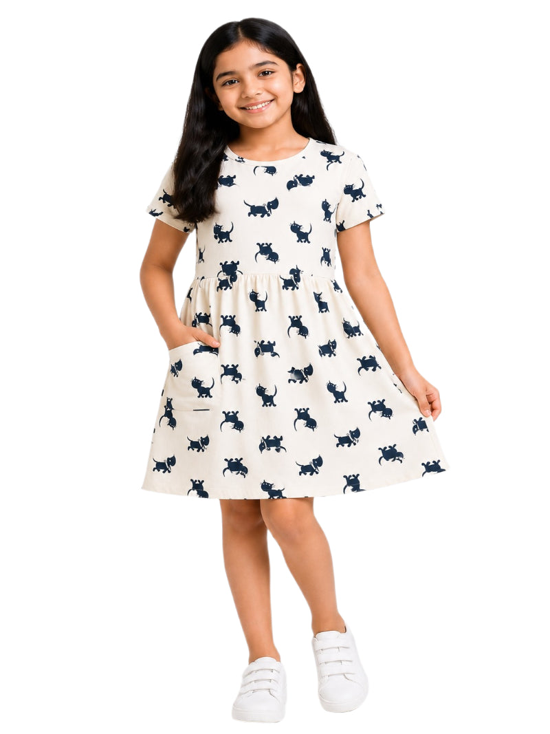 CHILINS Girls Beige Printed Cotton Frock Dress