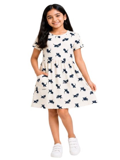 CHILINS Girls Beige Printed Cotton Frock Dress