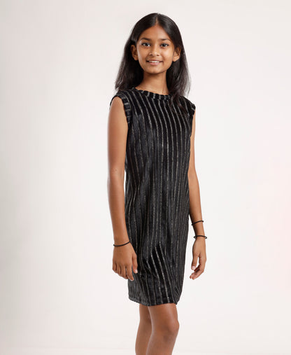 Girls Black Metallic Sleeveless Dress | Elegant Knee-Length Party Wear