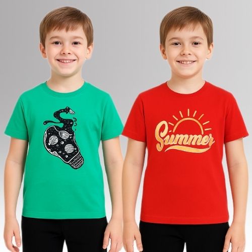 Round Neck Printed Super Combed Cotton T-shirt, (Pack of 2)
