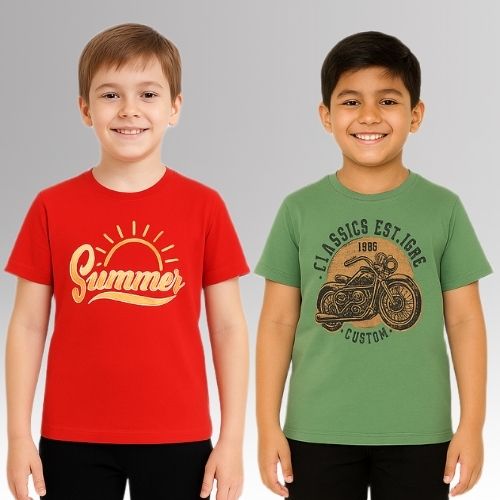 Round Neck Printed Super Combed Cotton T-shirt, (Pack of 2)