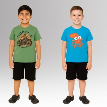 Round Neck Printed Super Combed Cotton T-shirt, (Pack of 2)