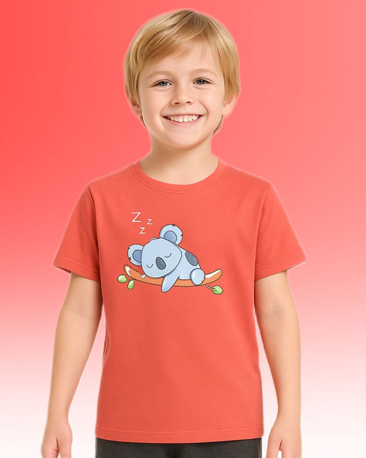 Round Neck Printed Cotton Tshirt, Color- Peach