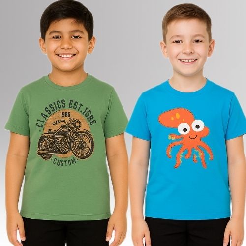 Round Neck Printed Super Combed Cotton T-shirt, (Pack of 2)