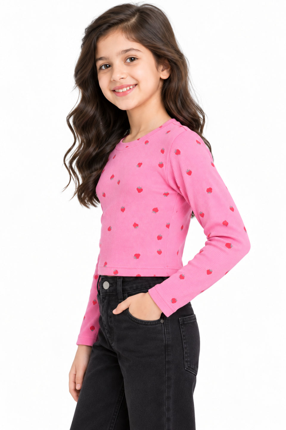 CHILINS Girls Pink Strawberry Print Crop Top | Full Sleeve Round Neck Casual Top