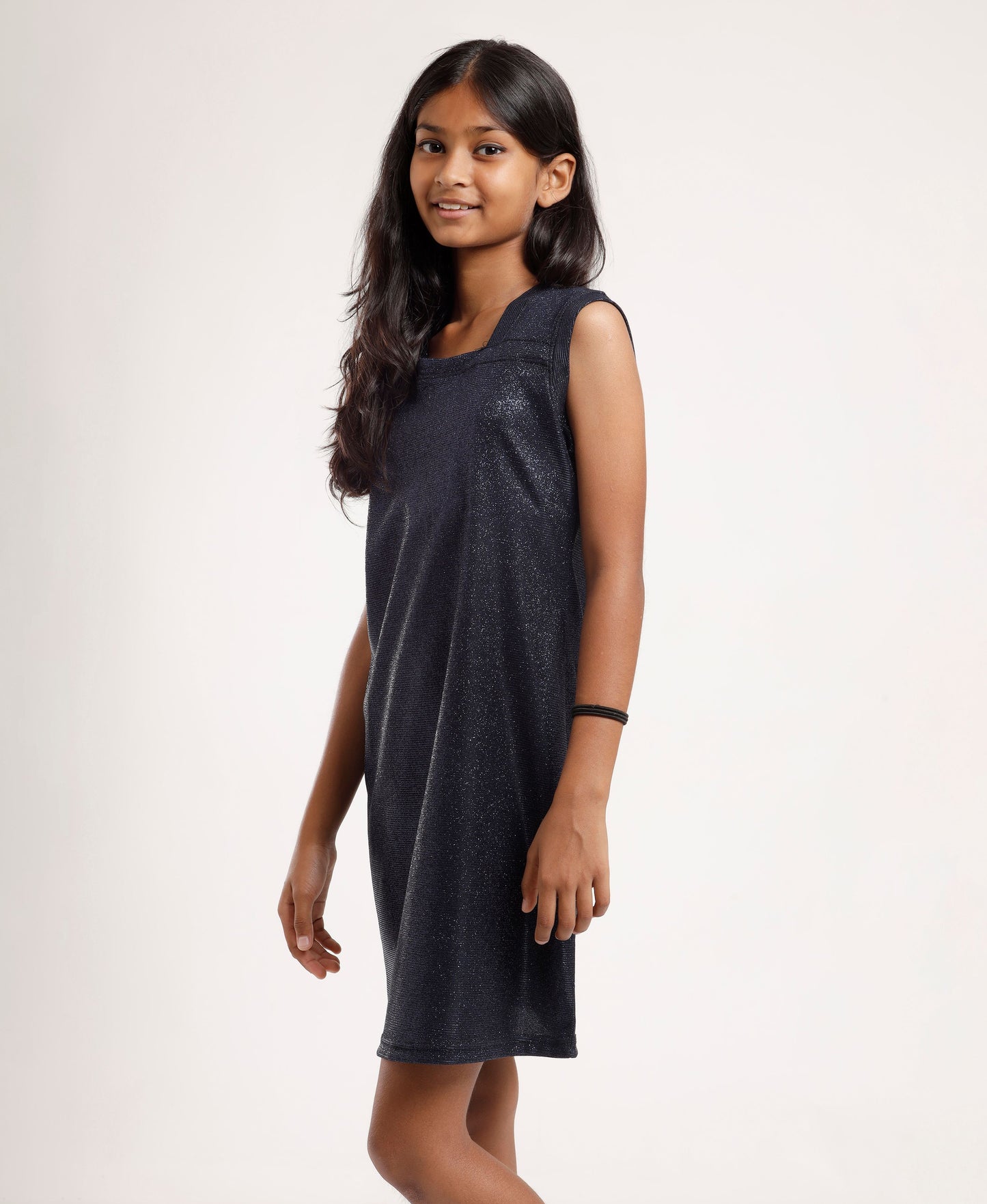 Dark Blue Shimmer Dress – Sleeveless, Structured Neckline, Girls’ Party Wear