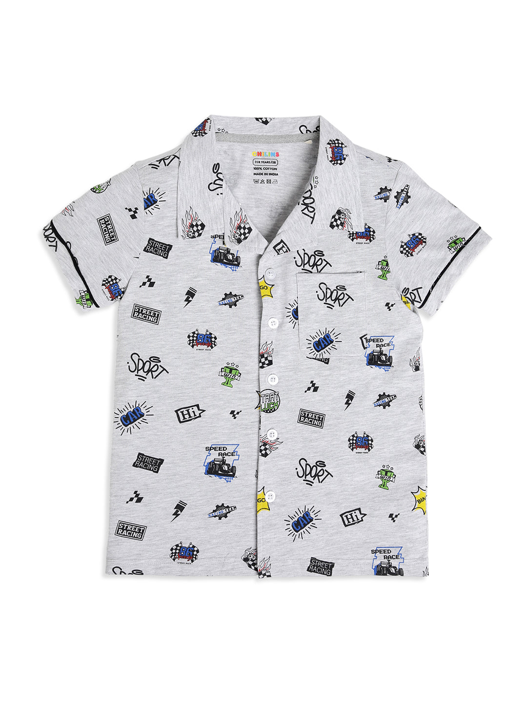 CHILINS Boys Racing Print Night Suit Set | 100% Pure Cotton Half Sleeve Shirt & Shorts
