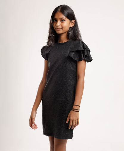 Girls’ Sparkle Black Party Dress with Layered Ruffle Sleeves – Elegant Shimmery A-Line Dress for Kids