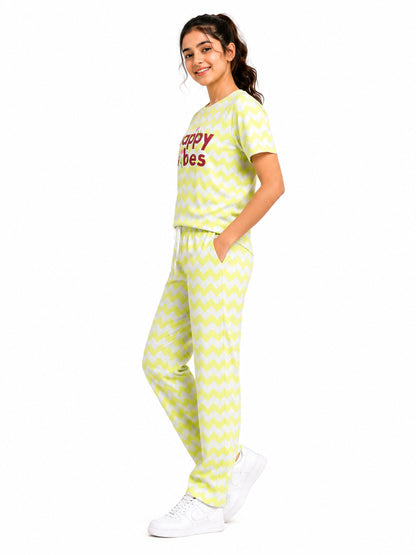 CHILINS Girls Light Green & Grey Printed T-Shirt & Jogger Set – Casual Lounge Wear