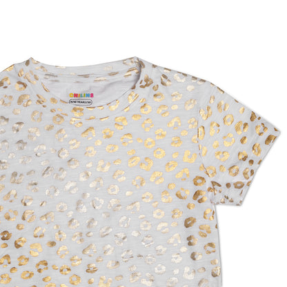 CHILINS Girls White & Golden Animal Print Cotton Crop Top
