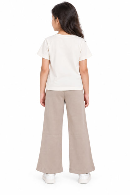 CHILINS Girls Beige Wide Leg Palazzo Pants | Elasticated Drawstring Waist | Side Pockets | Full Length | Regular Fit