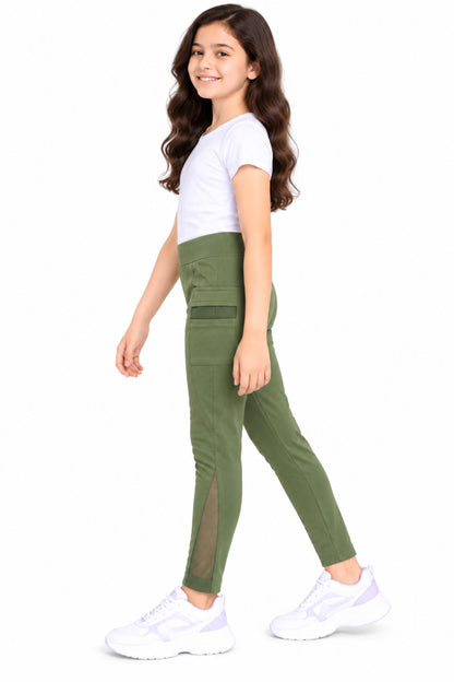 CHILINS Girls Olive Green Sports Leggings | Activewear Leggings | Mesh Side Panel | Comfortable Fit