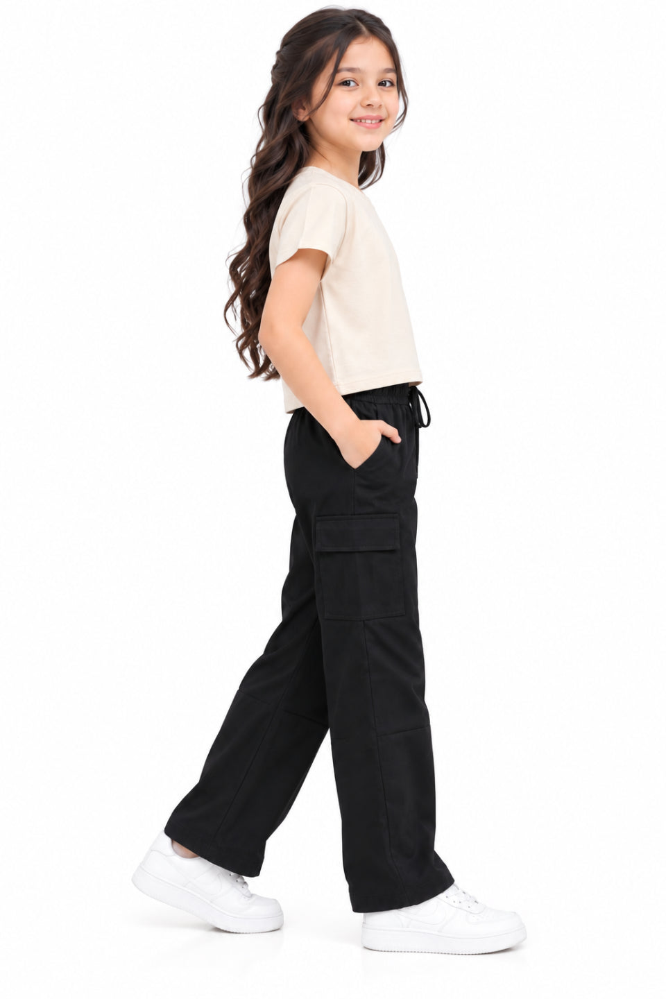 CHILINS Girls Black Cotton Cargo Track Pants | Wide-Leg Trousers with Drawstring Waist