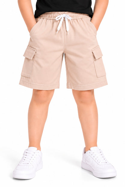 CHILINS Boys Beige Cargo Shorts | Drawstring Waist | Utility Pockets | Knee Length | Regular Fit | Casual Wear