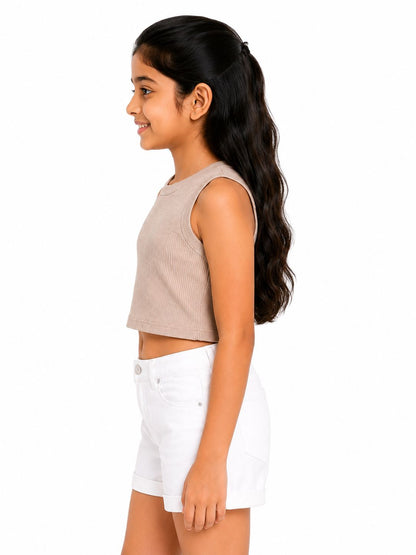 CHILINS Girls Beige Ribbed Sleeveless Crop Top