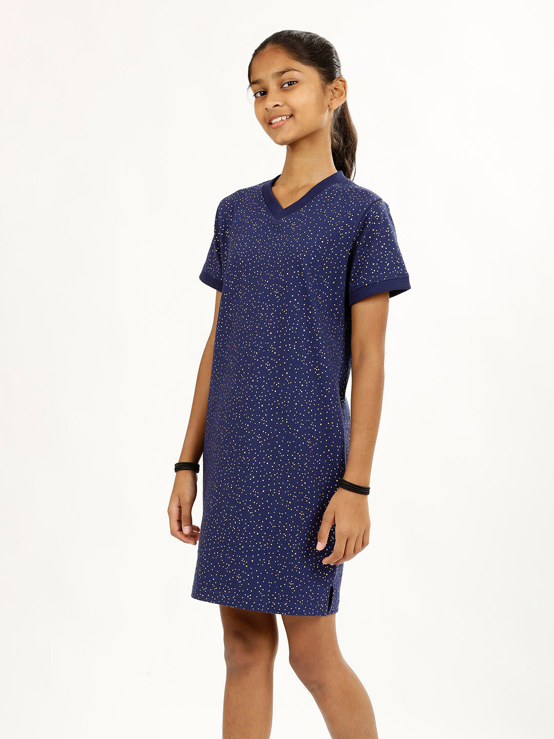 CHILINS Girls Pure Cotton Casual Dress – Blue with Golden Polka Dots