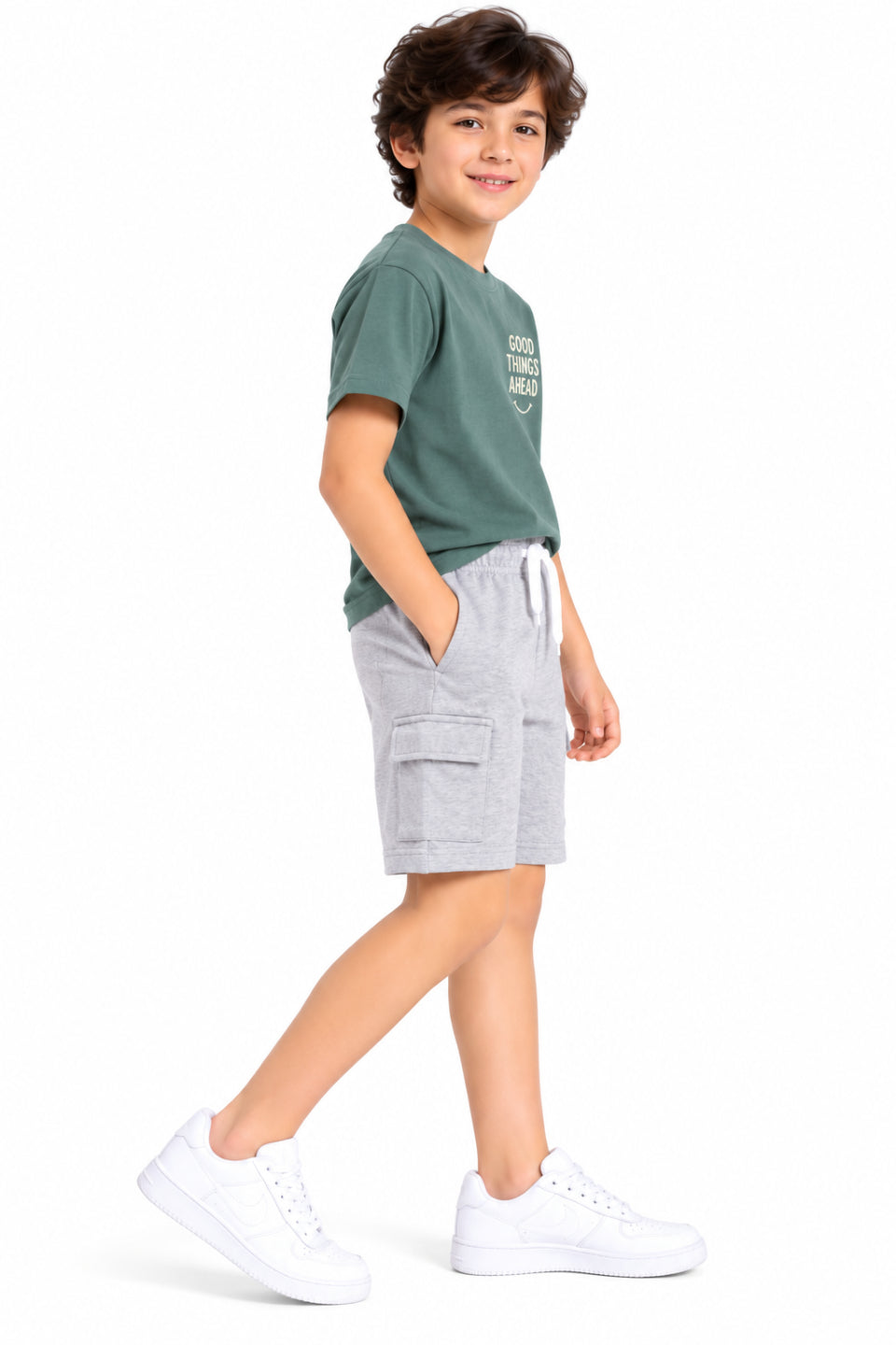 CHILINS Boys Grey Cargo Shorts | Drawstring Waist | Side Utility Pockets | Knee Length | Regular Fit