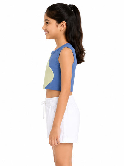 CHILINS Girls Green & Blue Color Block Sleeveless Crop Top