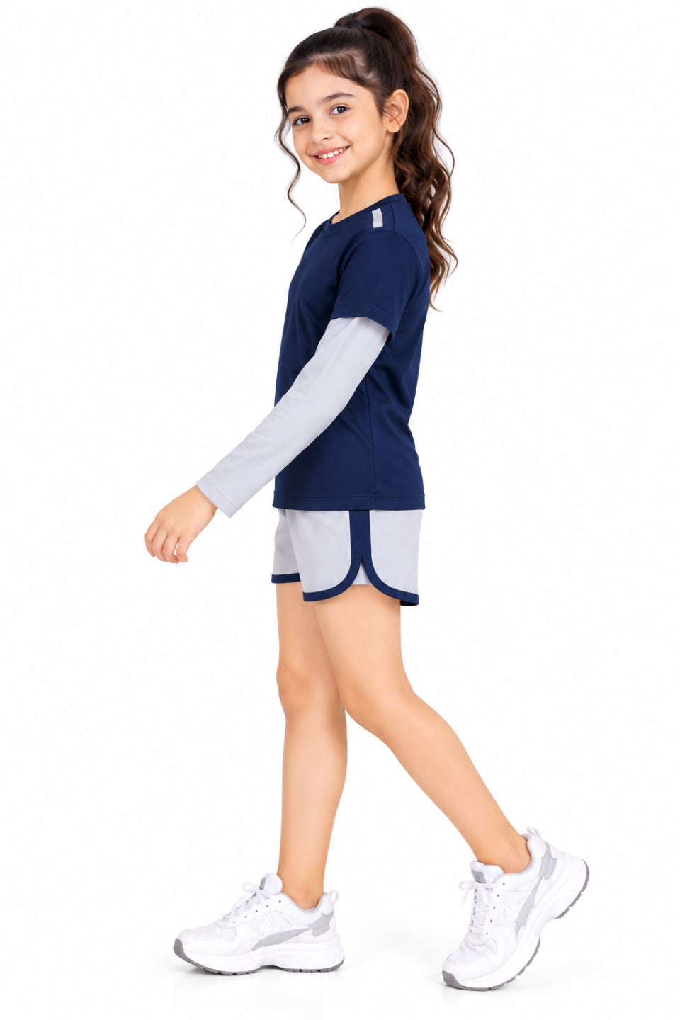 CHILINS Kids Navy Blue & Grey Sports T-Shirt | Boys & Girls | Layered Sleeves | Active Wear