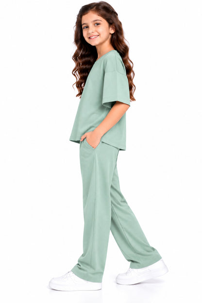 CHILINS Girls Mint Green Co-Ord Set | Oversized T-Shirt & Wide-Leg Pants
