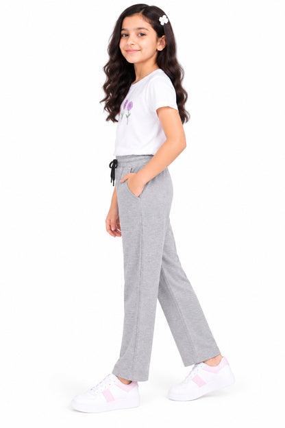 CHILINS Girls Grey Cotton Track Pants | Straight-Leg Trousers with Drawstring Waist