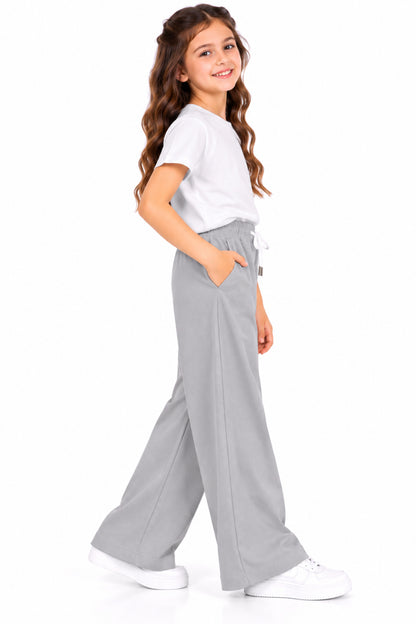 CHILINS Girls Grey Wide Leg Palazzo Pants | Elasticated Waist Casual Trousers