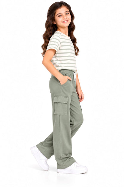 CHILINS Girls Green Cotton Cargo Track Pants | Wide-Leg Trousers with Drawstring Waist