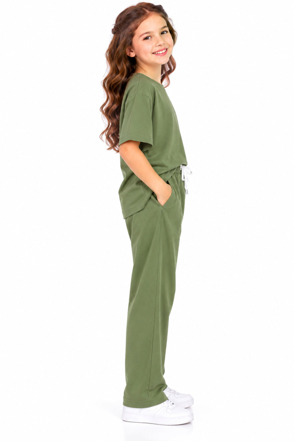 CHILINS Girls Olive Green Co-Ord Set | Oversized T-Shirt & Wide-Leg Pants