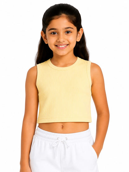 CHILINS Girls Light Yellow Ribbed Sleeveless Crop Top