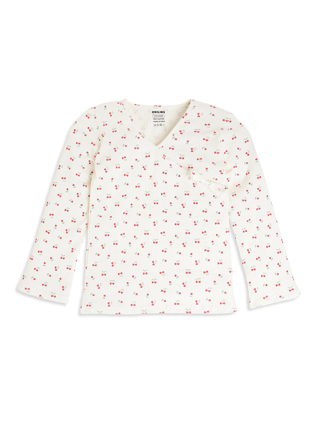 CHILINS Kids Cherry Print Night Suit Set | Soft Ribbed Cotton Full Sleeve Top & Pyjama Set for Girls