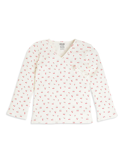 CHILINS Kids Cherry Print Night Suit Set | Soft Ribbed Cotton Full Sleeve Top & Pyjama Set for Girls