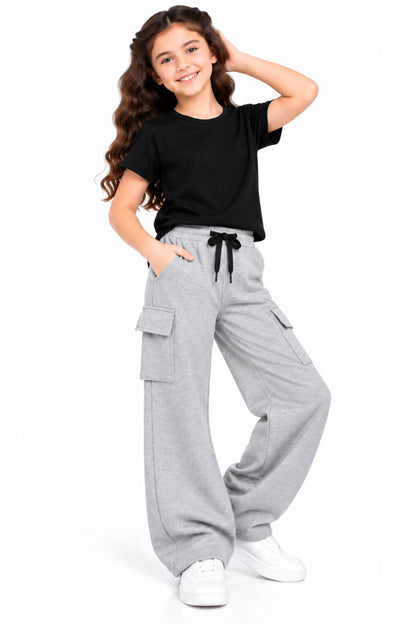 CHILINS Girls Grey Cotton Cargo Track Pants | Wide-Leg Trousers with Drawstring Waist