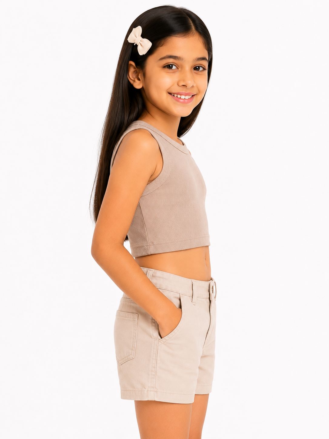 CHILINS Girls Beige Ribbed Sleeveless Crop Top