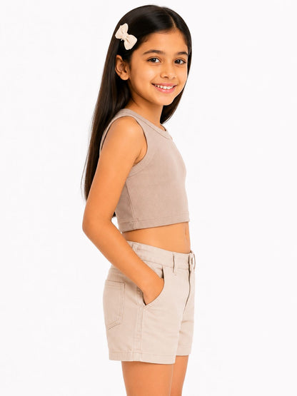 CHILINS Girls Beige Ribbed Sleeveless Crop Top