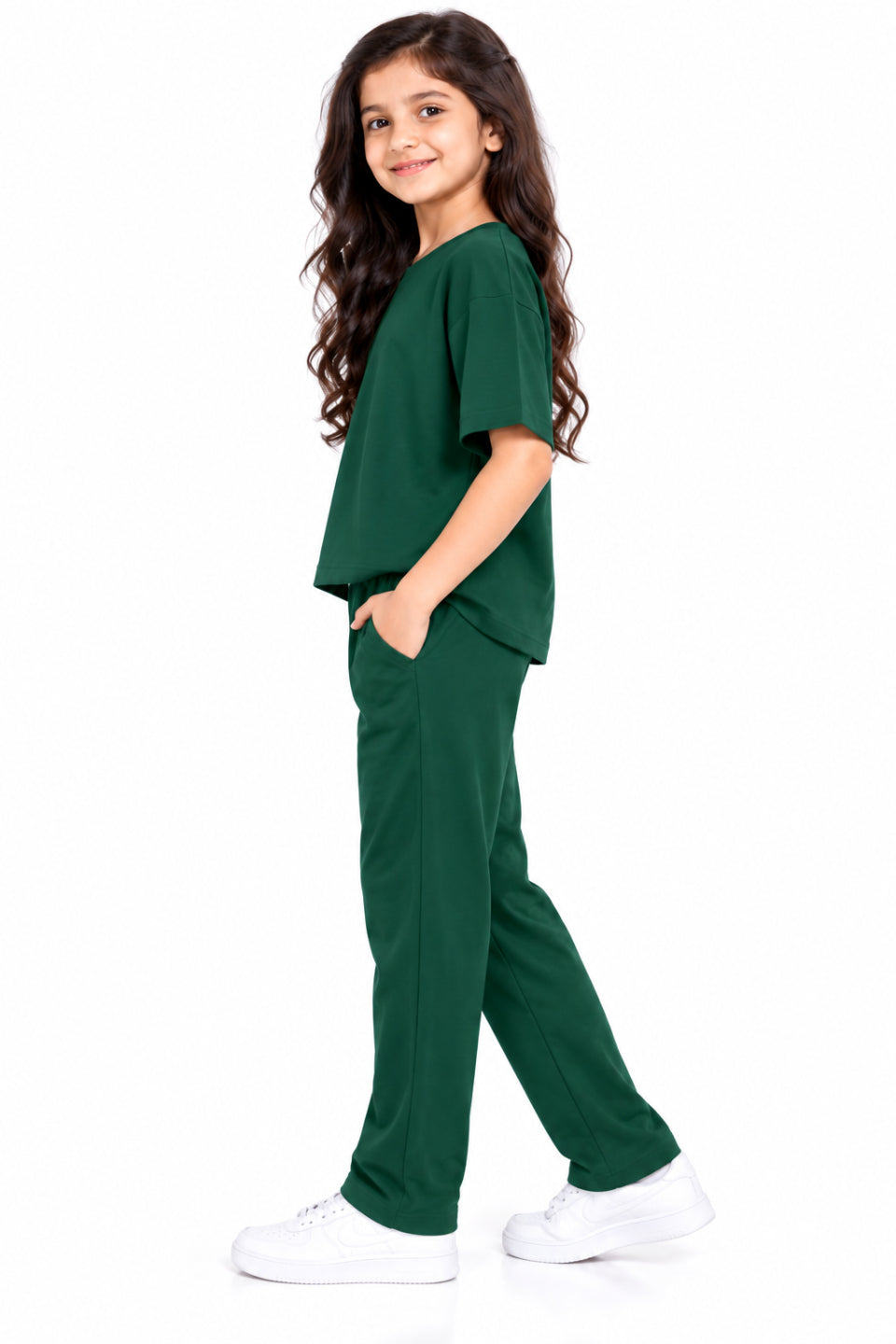 CHILINS Girls Green Co-Ord Set | Matching T-Shirt & Straight-Leg Pants