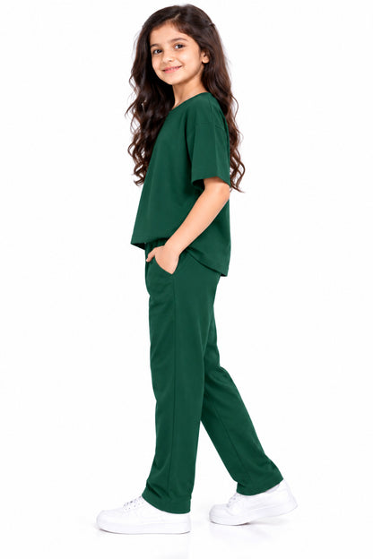 CHILINS Girls Green Co-Ord Set | Matching T-Shirt & Straight-Leg Pants
