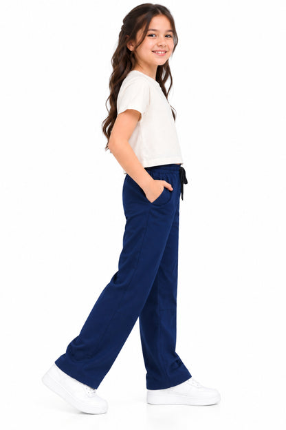 CHILINS Girls Navy Blue Cotton Track Pants | Wide-Leg Trousers with Drawstring Waist