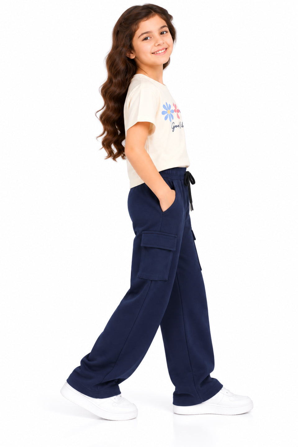 CHILINS Girls Navy Blue Cotton Cargo Track Pants | Wide-Leg Trousers with Drawstring Waist