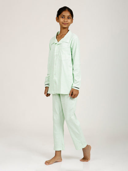 CHILINS Girls Shirt Pyjama Night Dress – Pure Cotton, Green Checkered