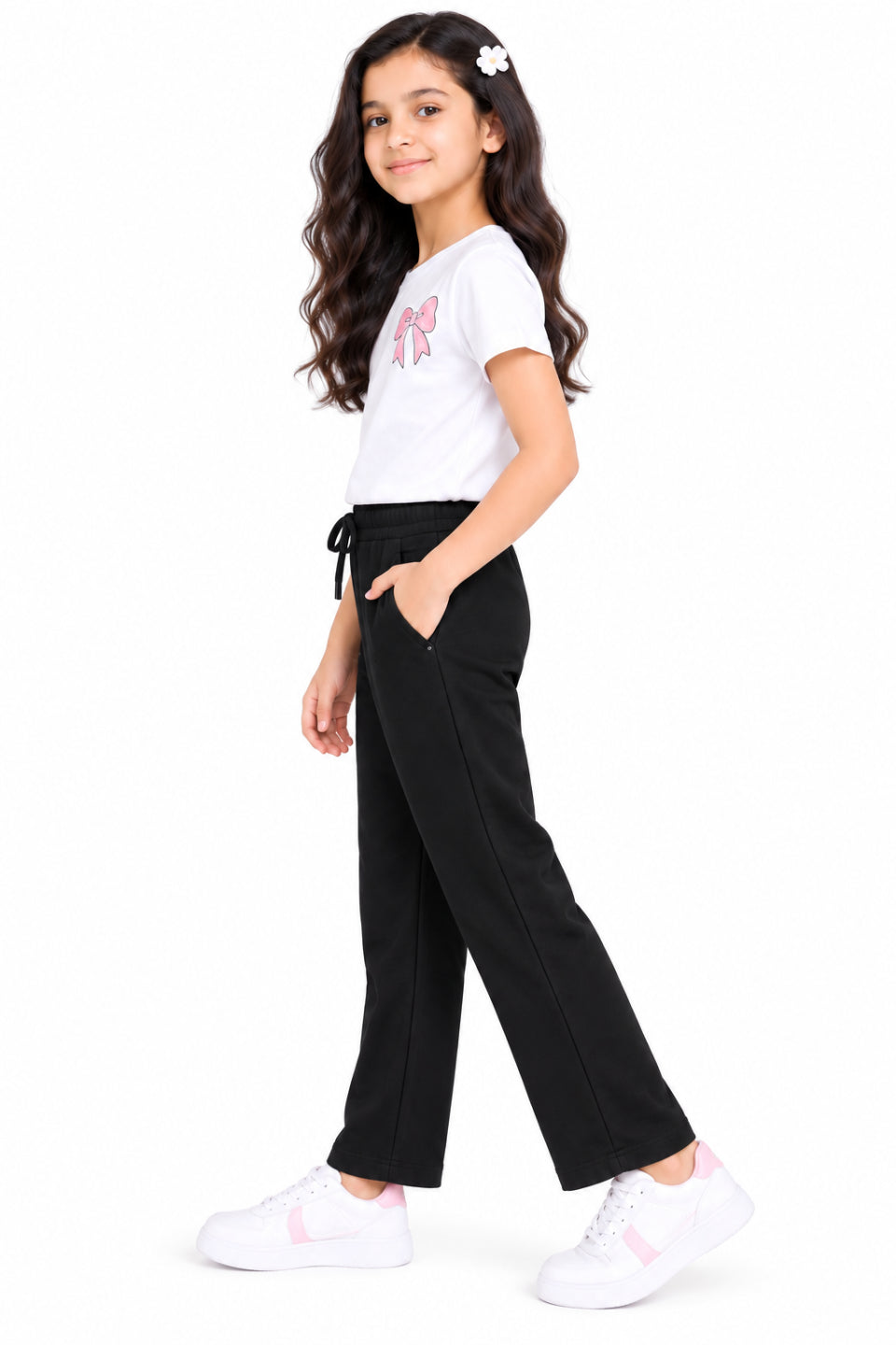 CHILINS Girls Black Cotton Track Pants | Straight-Leg Trousers with Drawstring Waist